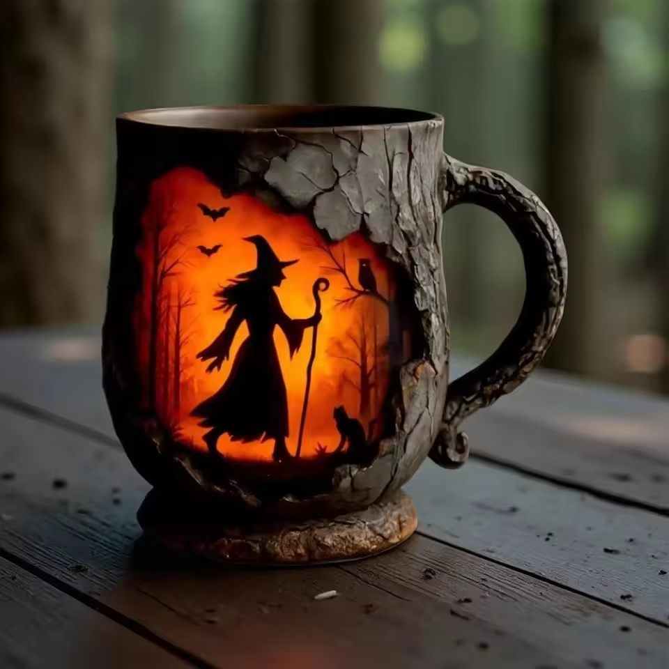 Ručně vyráběný 3D Halloween Hrnek – Motiv čarodějnice a kočky